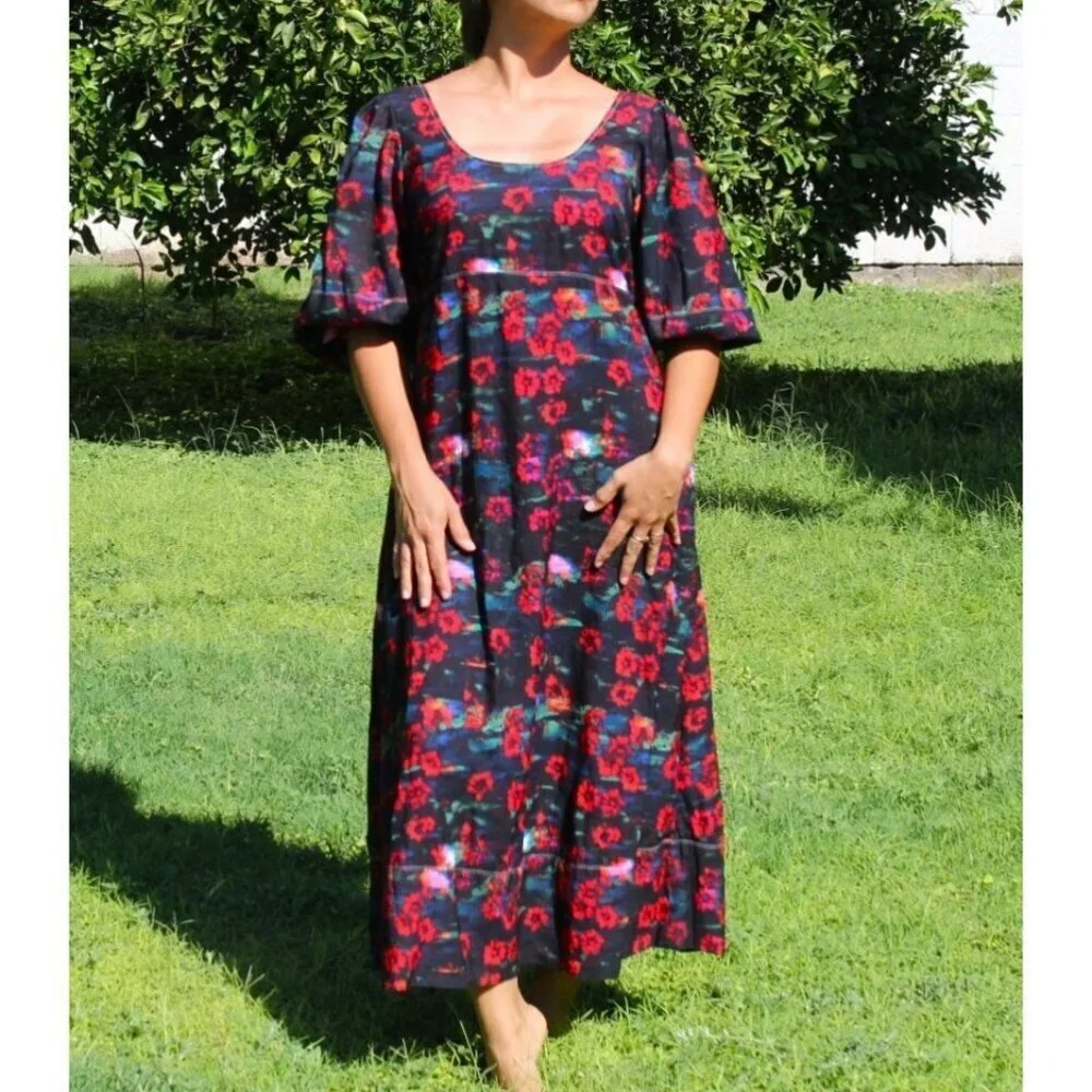 RACHEL COMEY RED FLORAL MAXI DRESS PUFF SLEEVE SIZE 6/M POCKETS PRAIRIE PEASANT